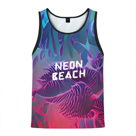 Мужская майка 3D с принтом Neon beach в Белгороде, 100% полиэстер | круглая горловина, приталенный силуэт, длина до линии бедра. Пройма и горловина окантованы тонкой бейкой | Тематика изображения на принте: beach | blue | bright | colors | fern | gradient | jungle | leaves | multicoloured | neon | palm | purple | red | summer | tree | tropical | градиент | джунгли | красный | лето | неон | пальма | папоротник | пляж | радостный | разноцветный | син
