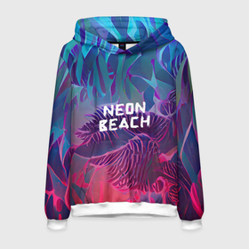 Мужская толстовка 3D с принтом Neon beach в Курске, 100% полиэстер | двухслойный капюшон со шнурком для регулировки, мягкие манжеты на рукавах и по низу толстовки, спереди карман-кенгуру с мягким внутренним слоем. | beach | blue | bright | colors | fern | gradient | jungle | leaves | multicoloured | neon | palm | purple | red | summer | tree | tropical | градиент | джунгли | красный | лето | неон | пальма | папоротник | пляж | радостный | разноцветный | син