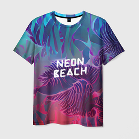 Мужская футболка 3D с принтом Neon beach в Белгороде, 100% полиэфир | прямой крой, круглый вырез горловины, длина до линии бедер | beach | blue | bright | colors | fern | gradient | jungle | leaves | multicoloured | neon | palm | purple | red | summer | tree | tropical | градиент | джунгли | красный | лето | неон | пальма | папоротник | пляж | радостный | разноцветный | син