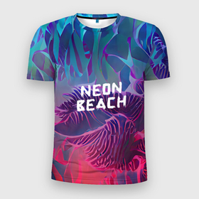 Мужская футболка 3D Slim с принтом Neon beach в Белгороде, 100% полиэстер с улучшенными характеристиками | приталенный силуэт, круглая горловина, широкие плечи, сужается к линии бедра | beach | blue | bright | colors | fern | gradient | jungle | leaves | multicoloured | neon | palm | purple | red | summer | tree | tropical | градиент | джунгли | красный | лето | неон | пальма | папоротник | пляж | радостный | разноцветный | син