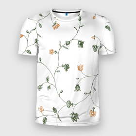 Мужская футболка 3D Slim с принтом Весенний вьюн в Петрозаводске, 100% полиэстер с улучшенными характеристиками | приталенный силуэт, круглая горловина, широкие плечи, сужается к линии бедра | арт | белый | вьюн | куст | кусты | рисунок | цветок | цветы