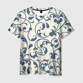 Мужская футболка 3D с принтом Гжелевый вьюнок в Тюмени, 100% полиэфир | прямой крой, круглый вырез горловины, длина до линии бедер | арт | вектор | вьюнок | гжель | народный рисунок | рисунок | синий | синий рисунок | хохлома | цветок | цветы
