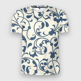 Мужская футболка 3D Slim с принтом Гжелевый вьюнок в Белгороде, 100% полиэстер с улучшенными характеристиками | приталенный силуэт, круглая горловина, широкие плечи, сужается к линии бедра | арт | вектор | вьюнок | гжель | народный рисунок | рисунок | синий | синий рисунок | хохлома | цветок | цветы