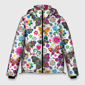 Мужская зимняя куртка 3D с принтом Луговые бабочки и цветы в Екатеринбурге, верх — 100% полиэстер; подкладка — 100% полиэстер; утеплитель — 100% полиэстер | длина ниже бедра, свободный силуэт Оверсайз. Есть воротник-стойка, отстегивающийся капюшон и ветрозащитная планка. 

Боковые карманы с листочкой на кнопках и внутренний карман на молнии. | арт | бабочка | бабочки | бутон | бутоны | бутоны цветов | жёлтые бутоны | жёлтые цветы | жёлтый бутон | жёлтый цветок | много бабочек | рисунок | рой бабочек | цветок | цветы | яркая бабочка