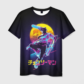 Мужская футболка 3D с принтом CHAINSAW MAN on the background of the moon , 100% полиэфир | прямой крой, круглый вырез горловины, длина до линии бедер | anime | chainsaw | chainsaw man | denji | man | manga | аниме | бензапила | бензопила | дендзи | дензи | дэндзи | манга | человек | человек бензопила