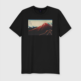 Мужская футболка хлопок Slim с принтом Sanka Hakuu (Гора Фудзи) , 92% хлопок, 8% лайкра | приталенный силуэт, круглый вырез ворота, длина до линии бедра, короткий рукав | japan | винтаж | горы | природа | фудзи | япония | японская анимация | японская эстетика | японский | японский стиль