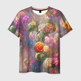 Мужская футболка 3D с принтом Цветущий сад в Екатеринбурге, 100% полиэфир | прямой крой, круглый вырез горловины, длина до линии бедер | bright | colors | flower | green | multicoloured | petals | pink | букет | бутоны | зеленый | краски | лепестки | разноцветный | растения | розовый | романтика | таинственный | фееричный | цветы | яркий