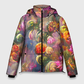 Мужская зимняя куртка 3D с принтом Цветущий сад в Тюмени, верх — 100% полиэстер; подкладка — 100% полиэстер; утеплитель — 100% полиэстер | длина ниже бедра, свободный силуэт Оверсайз. Есть воротник-стойка, отстегивающийся капюшон и ветрозащитная планка. 

Боковые карманы с листочкой на кнопках и внутренний карман на молнии. | bright | colors | flower | green | multicoloured | petals | pink | букет | бутоны | зеленый | краски | лепестки | разноцветный | растения | розовый | романтика | таинственный | фееричный | цветы | яркий