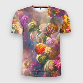 Мужская футболка 3D Slim с принтом Цветущий сад в Курске, 100% полиэстер с улучшенными характеристиками | приталенный силуэт, круглая горловина, широкие плечи, сужается к линии бедра | bright | colors | flower | green | multicoloured | petals | pink | букет | бутоны | зеленый | краски | лепестки | разноцветный | растения | розовый | романтика | таинственный | фееричный | цветы | яркий