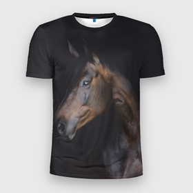 Мужская футболка 3D Slim с принтом Лошадь. Благородство в Петрозаводске, 100% полиэстер с улучшенными характеристиками | приталенный силуэт, круглая горловина, широкие плечи, сужается к линии бедра | благородный | гнедой | голова лошади | животное | конь | лошадь | масть