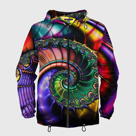Мужская ветровка 3D с принтом Красочная фрактальная спираль   Colorful fractal spiral в Новосибирске, 100% полиэстер | подол и капюшон оформлены резинкой с фиксаторами, два кармана без застежек по бокам, один потайной карман на груди | fashion | fractal | neon | spiral | vanguard | авангард | мода | неон | спираль | фрактал