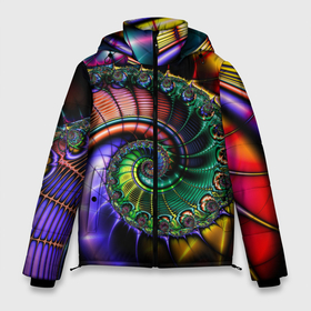Мужская зимняя куртка 3D с принтом Красочная фрактальная спираль   Colorful fractal spiral в Тюмени, верх — 100% полиэстер; подкладка — 100% полиэстер; утеплитель — 100% полиэстер | длина ниже бедра, свободный силуэт Оверсайз. Есть воротник-стойка, отстегивающийся капюшон и ветрозащитная планка. 

Боковые карманы с листочкой на кнопках и внутренний карман на молнии. | Тематика изображения на принте: fashion | fractal | neon | spiral | vanguard | авангард | мода | неон | спираль | фрактал