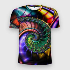 Мужская футболка 3D Slim с принтом Красочная фрактальная спираль   Colorful fractal spiral в Кировске, 100% полиэстер с улучшенными характеристиками | приталенный силуэт, круглая горловина, широкие плечи, сужается к линии бедра | Тематика изображения на принте: fashion | fractal | neon | spiral | vanguard | авангард | мода | неон | спираль | фрактал