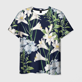 Мужская футболка 3D с принтом Цветы Белые Лилии В Саду в Тюмени, 100% полиэфир | прямой крой, круглый вырез горловины, длина до линии бедер | Тематика изображения на принте: flowers | букет | лилии | природа | растение | флора | цветы