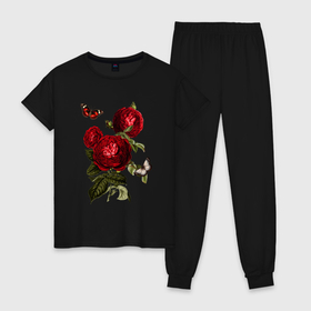 Женская пижама хлопок с принтом Темно красные розы Бабочки Винтаж в Тюмени, 100% хлопок | брюки и футболка прямого кроя, без карманов, на брюках мягкая резинка на поясе и по низу штанин | бабочки | большие цветы | винтаж | винтажный | красные розы | красные цветы | крупные цветы | ретро | розы | темные розы | темные цветы