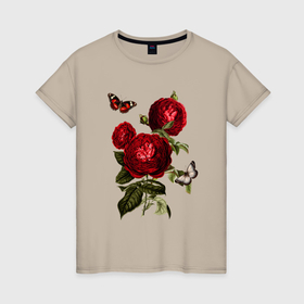 Женская футболка хлопок с принтом Темно красные розы Бабочки Винтаж в Кировске, 100% хлопок | прямой крой, круглый вырез горловины, длина до линии бедер, слегка спущенное плечо | бабочки | большие цветы | винтаж | винтажный | красные розы | красные цветы | крупные цветы | ретро | розы | темные розы | темные цветы