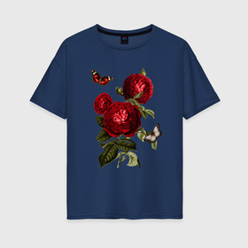 Женская футболка хлопок Oversize с принтом Темно красные розы Бабочки Винтаж в Курске, 100% хлопок | свободный крой, круглый ворот, спущенный рукав, длина до линии бедер
 | бабочки | большие цветы | винтаж | винтажный | красные розы | красные цветы | крупные цветы | ретро | розы | темные розы | темные цветы