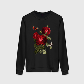 Женский свитшот хлопок с принтом Темно красные розы Бабочки Винтаж в Курске, 100% хлопок | прямой крой, круглый вырез, на манжетах и по низу широкая трикотажная резинка  | бабочки | большие цветы | винтаж | винтажный | красные розы | красные цветы | крупные цветы | ретро | розы | темные розы | темные цветы