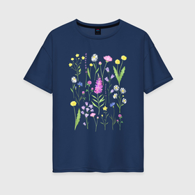 Женская футболка хлопок Oversize с принтом Полевые цветы растения акварелью Ботаника в Курске, 100% хлопок | свободный крой, круглый ворот, спущенный рукав, длина до линии бедер
 | акварельная иллюстрация | ботаника | ботанический | василек | иван чай | кипрей | клевер | колокольчик | лаванда | лютик | одуванчик | растения | ромашка | цветы