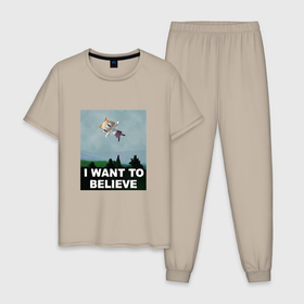 Мужская пижама хлопок с принтом Neco Arc want to believe в Санкт-Петербурге, 100% хлопок | брюки и футболка прямого кроя, без карманов, на брюках мягкая резинка на поясе и по низу штанин
 | art | melty blood | necoarc | tsukihime | ufo | буранья
