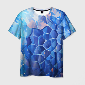 Мужская футболка 3D с принтом Blue scales в Курске, 100% полиэфир | прямой крой, круглый вырез горловины, длина до линии бедер | Тематика изображения на принте: abstraction | blue | bright | color | dark | абстракция | синий | темный | узоры | фигуры | чешуя