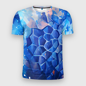 Мужская футболка 3D Slim с принтом Blue scales в Белгороде, 100% полиэстер с улучшенными характеристиками | приталенный силуэт, круглая горловина, широкие плечи, сужается к линии бедра | abstraction | blue | bright | color | dark | абстракция | синий | темный | узоры | фигуры | чешуя