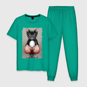 Мужская пижама хлопок с принтом Крутой котяра в боксёрских перчатках   Cool cat in boxing gloves , 100% хлопок | брюки и футболка прямого кроя, без карманов, на брюках мягкая резинка на поясе и по низу штанин
 | Тематика изображения на принте: box | cat | ears | eyes | gloves | kitten | moustache | sneakers | view | бокс | взгляд | глаза | кеды | кот | перчатки | усы | уши