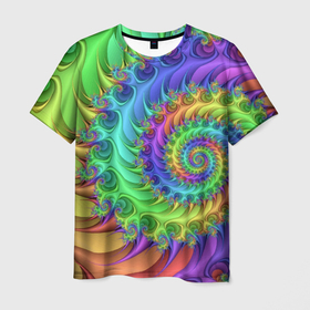 Мужская футболка 3D с принтом Красочная фрактальная спираль   Узор   Colorful fractal spiral   Pattern в Санкт-Петербурге, 100% полиэфир | прямой крой, круглый вырез горловины, длина до линии бедер | abstraction | color | neon | pattern | spiral | абстракция | неон | спираль | узор | цвет
