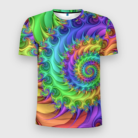 Мужская футболка 3D Slim с принтом Красочная фрактальная спираль   Узор   Colorful fractal spiral   Pattern , 100% полиэстер с улучшенными характеристиками | приталенный силуэт, круглая горловина, широкие плечи, сужается к линии бедра | Тематика изображения на принте: abstraction | color | neon | pattern | spiral | абстракция | неон | спираль | узор | цвет