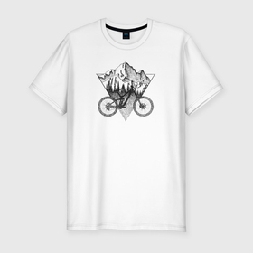 Мужская футболка хлопок Slim с принтом Mountains bikes в Курске, 92% хлопок, 8% лайкра | приталенный силуэт, круглый вырез ворота, длина до линии бедра, короткий рукав | 
