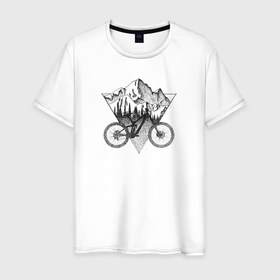 Мужская футболка хлопок с принтом Mountains bikes в Рязани, 100% хлопок | прямой крой, круглый вырез горловины, длина до линии бедер, слегка спущенное плечо. | 