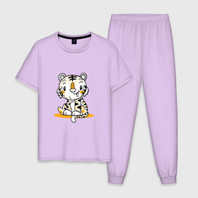 Мужская пижама хлопок с принтом ТИГРЕНОК НА ПОЗИТИВЕ , 100% хлопок | брюки и футболка прямого кроя, без карманов, на брюках мягкая резинка на поясе и по низу штанин
 | Тематика изображения на принте: веселый | животное | забавный | милый | тигр | хищник