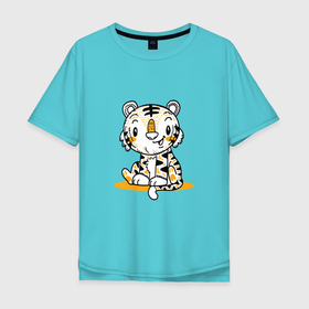 Мужская футболка хлопок Oversize с принтом ТИГРЕНОК НА ПОЗИТИВЕ в Новосибирске, 100% хлопок | свободный крой, круглый ворот, “спинка” длиннее передней части | веселый | животное | забавный | милый | тигр | хищник
