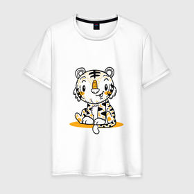 Мужская футболка хлопок с принтом ТИГРЕНОК НА ПОЗИТИВЕ , 100% хлопок | прямой крой, круглый вырез горловины, длина до линии бедер, слегка спущенное плечо. | веселый | животное | забавный | милый | тигр | хищник