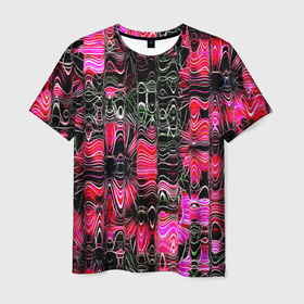 Мужская футболка 3D с принтом РАЗНОЦВЕТНАЯ ВОЛНА в Санкт-Петербурге, 100% полиэфир | прямой крой, круглый вырез горловины, длина до линии бедер | Тематика изображения на принте: abstraction | абстракция | красный | розовый | фон | черный