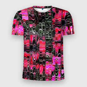 Мужская футболка 3D Slim с принтом РАЗНОЦВЕТНАЯ ВОЛНА в Тюмени, 100% полиэстер с улучшенными характеристиками | приталенный силуэт, круглая горловина, широкие плечи, сужается к линии бедра | abstraction | абстракция | красный | розовый | фон | черный