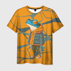 Мужская футболка 3D с принтом Лягушка в модной куртке , 100% полиэфир | прямой крой, круглый вырез горловины, длина до линии бедер | frog | жаба | линии | лягуха | лягушка | на стиле