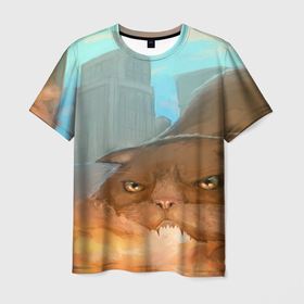 Мужская футболка 3D с принтом Огнедышащий Котярыч в Санкт-Петербурге, 100% полиэфир | прямой крой, круглый вырез горловины, длина до линии бедер | домашний кот | животное | злое лицо кота | злой кот | злой кот мем | кот | кот мем | кот с огнем | котик | коты мемы | котяра | кошачья пасть | люди бегут | мем | мемный кот | мемы | огнедышащий котярыч