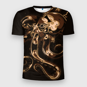 Мужская футболка 3D Slim с принтом Мощный осьминог в Екатеринбурге, 100% полиэстер с улучшенными характеристиками | приталенный силуэт, круглая горловина, широкие плечи, сужается к линии бедра | octopus | морской житель | осьминог | спрут | щупальца
