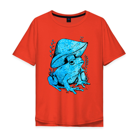 Мужская футболка хлопок Oversize с принтом Голубая лягушка с грибами в Екатеринбурге, 100% хлопок | свободный крой, круглый ворот, “спинка” длиннее передней части | frog | гриб | грибы | жаба | квакушка | квакша | лягва | лягуха | лягушка | лягушки | фрог