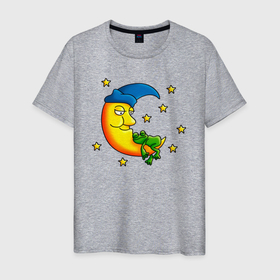 Мужская футболка хлопок с принтом Лягушка спит на луне в Белгороде, 100% хлопок | прямой крой, круглый вырез горловины, длина до линии бедер, слегка спущенное плечо. | frog | жаба | звезды | квакушка | квакша | луна | лягва | лягуха | лягушка | лягушки | небо | ночь | полумесяц | сон | фрог