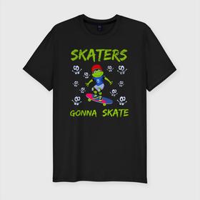 Мужская футболка хлопок Slim с принтом SKATERS лягушонок на скейтборде в Екатеринбурге, 92% хлопок, 8% лайкра | приталенный силуэт, круглый вырез ворота, длина до линии бедра, короткий рукав | board | extreme | frog | skate | skateboard | skateboarder | skateboarding | доска | жаба | квакушка | квакша | лягва | лягуха | лягушка | лягушки | скейт | скейтборд | скейтбординг | скейтбордист | фрог | экстрим