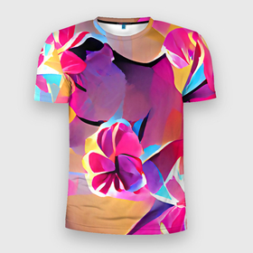 Мужская футболка 3D Slim с принтом Тропические краски | Цветы в Курске, 100% полиэстер с улучшенными характеристиками | приталенный силуэт, круглая горловина, широкие плечи, сужается к линии бедра | bright | flowers | funny | multicoloured | petals | plants | positive | summer | tropical | бутоны | лето | позитивный | радостный | разноцветный | растения | тропический | фееричный | цветы | яркий