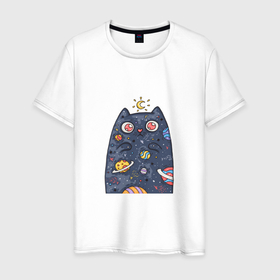 Мужская футболка хлопок с принтом КОСМИЧЕСКИЙ КОТОФЕЙ в Новосибирске, 100% хлопок | прямой крой, круглый вырез горловины, длина до линии бедер, слегка спущенное плечо. | вселенная | галактика | звезда | звезды | космос | луна | милый | небо | планеты | сюрреалистичный | фэнтези