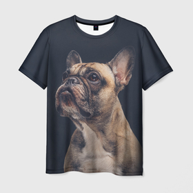 Мужская футболка 3D с принтом Голова французского бульдога в Санкт-Петербурге, 100% полиэфир | прямой крой, круглый вырез горловины, длина до линии бедер | бульдог | голова собаки | животное | собака | французский бульдог