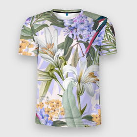 Мужская футболка 3D Slim с принтом Цветы Фиолетовые Дикие Джунгли в Белгороде, 100% полиэстер с улучшенными характеристиками | приталенный силуэт, круглая горловина, широкие плечи, сужается к линии бедра | flowers | букет | природа | растение | флора | цветы