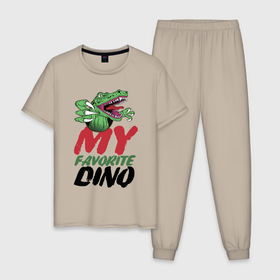 Мужская пижама хлопок с принтом My favorite dinosaur   Мой любимый динозавр в Новосибирске, 100% хлопок | брюки и футболка прямого кроя, без карманов, на брюках мягкая резинка на поясе и по низу штанин
 | Тематика изображения на принте: claws | dinosaur | eyes | fangs | jaw | muzzle | paws | глаза | динозавр | клыки | когти | лапы | пасть