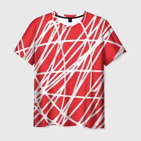 Мужская футболка 3D с принтом Белые линии на красном фоне Абстракция в Курске, 100% полиэфир | прямой крой, круглый вырез горловины, длина до линии бедер | Тематика изображения на принте: абстракт | абстрактный рисунок | абстрактный узор | абстракция | белые линии на красном | красный фон | красочный | современный | тренды