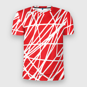 Мужская футболка 3D Slim с принтом Белые линии на красном фоне Абстракция в Курске, 100% полиэстер с улучшенными характеристиками | приталенный силуэт, круглая горловина, широкие плечи, сужается к линии бедра | Тематика изображения на принте: абстракт | абстрактный рисунок | абстрактный узор | абстракция | белые линии на красном | красный фон | красочный | современный | тренды