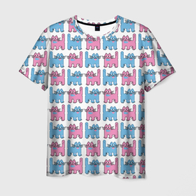 Мужская футболка 3D с принтом Пиксельные коты: розовый и голубой, паттерн в Новосибирске, 100% полиэфир | прямой крой, круглый вырез горловины, длина до линии бедер | Тематика изображения на принте: бесшовный паттерн | котики | коты | кошки | паттерн | пиксели | пиксель арт | розовый | рыбка | сердце